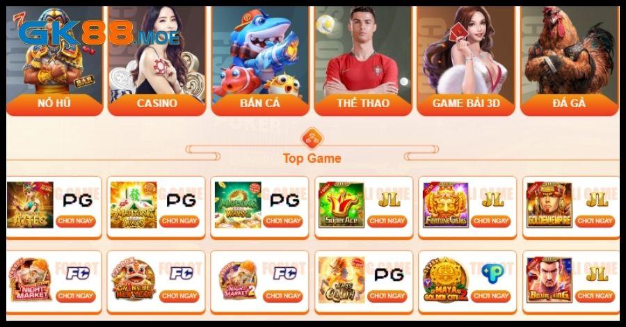 Kho game đồ sộ tại trang web chính thức của GK88